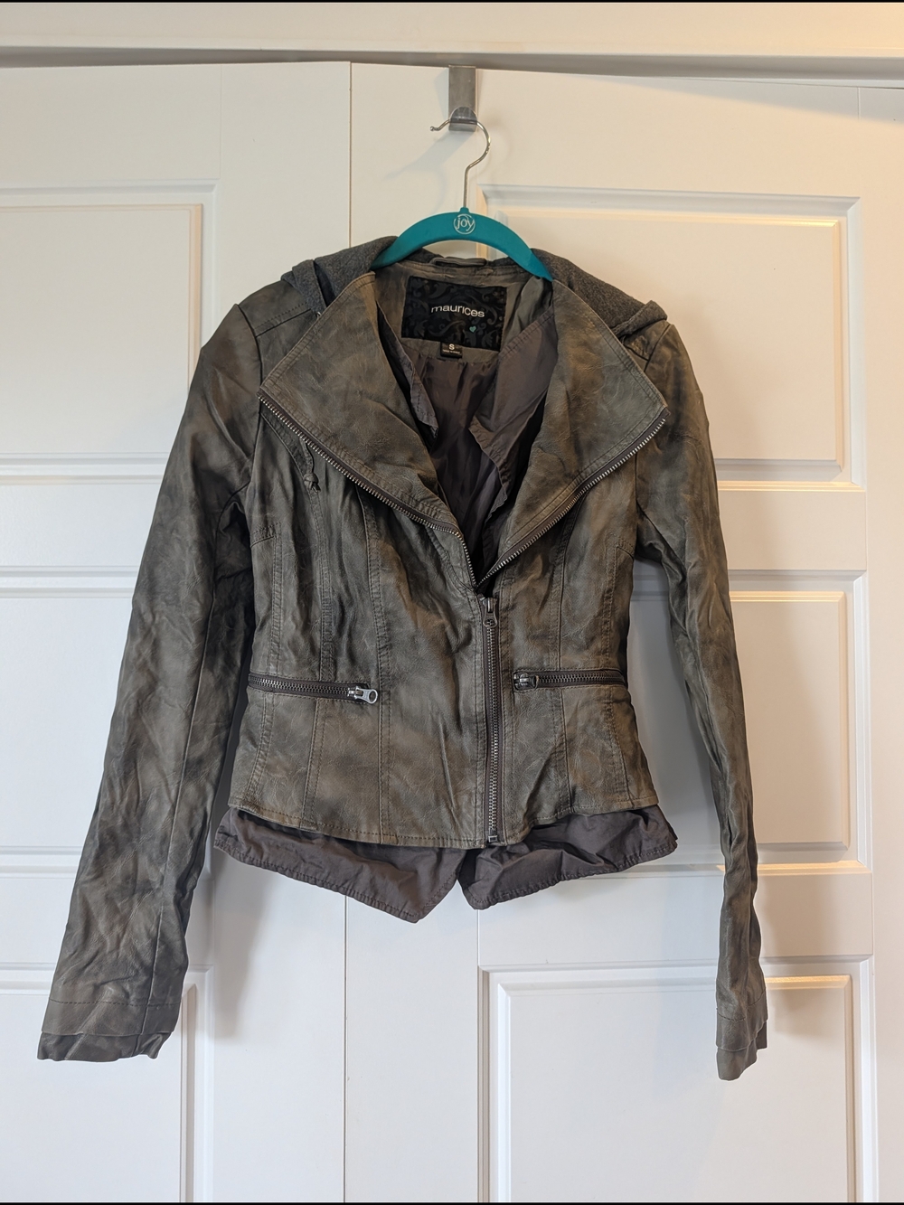Maurices Women's Distressed Olive Faux Leather Moto Jacket with Asymmetric Zip